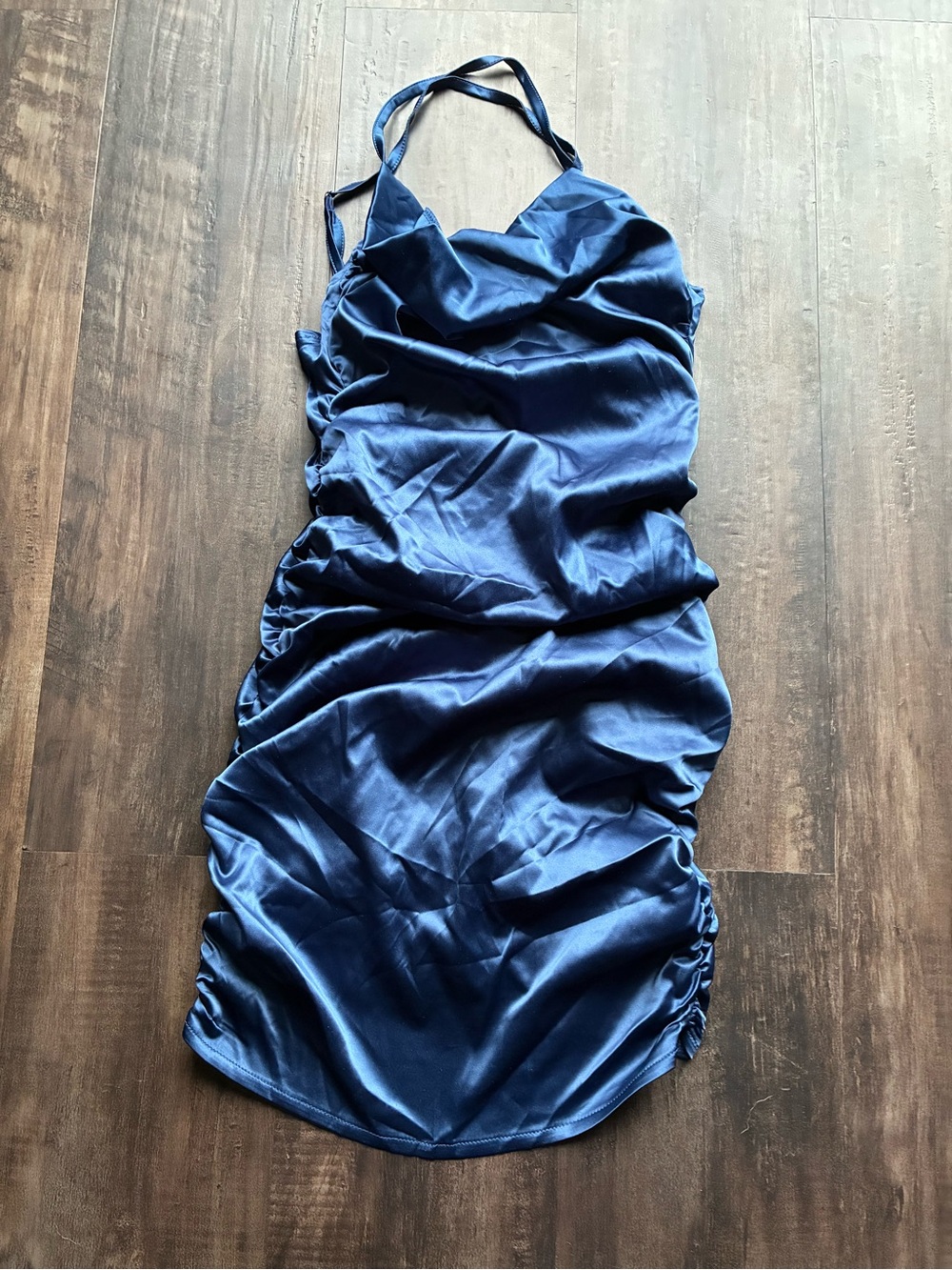 Navy Satin Ruched Halter Mini Dress XS